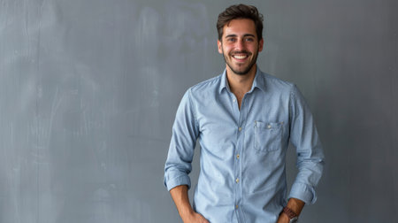 Confidence and business concept. Portrait of charming successful young entrepreneur in blue-collar shirt,の素材