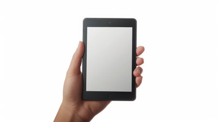 mock-up digital tablet in hand isolated on white background with clipping path insideの素材