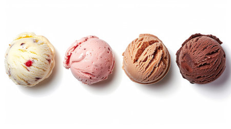 Set of four various ice cream balls or scoops isolated on white background. Top view. Vanilla, strawberry, chocolate and caramel flavorの素材