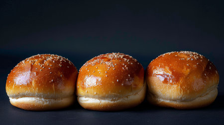 Three empty buns isolated on black background.の素材