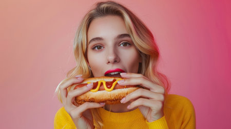 Young beautiful blonde woman eating fast food hot dog with ketchup and mustard isolated over pink background.の素材