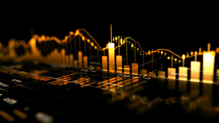 Abstract financial chart with golden candlestick in stock market on black color backgroundの素材