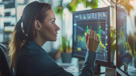 Business woman study financial market to calculate possible risks and profits.Female economist accounting money with statistics graphsの素材
