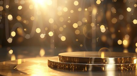 Product podium with sparkle golden curve line and bokeh and blur elements, luxury background,の素材