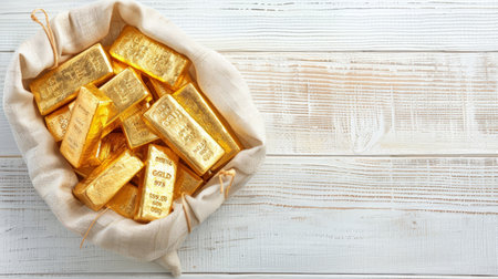 gold bars in a bag on a white wooden background with a copy of the request.の素材
