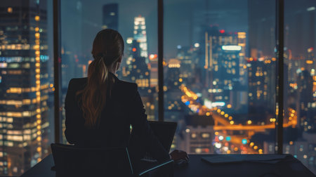 Successful Businesswoman in Stylish Suit Working on Top Floor Office Overlooking Night City.の素材