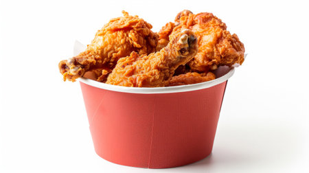Fried chicken in paper bucket isolated on white background, Fried chicken on white With clipping path.の素材