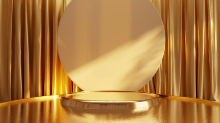 Gold product background stand or podium pedestal on advertising display with blank backdrops.の素材