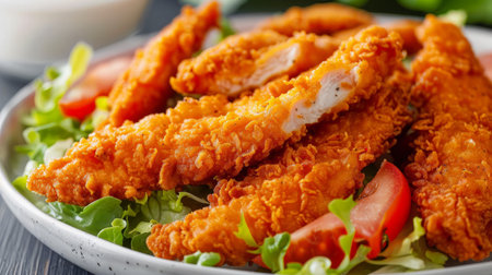 Delicious crispy fried breaded chicken breast strips .の素材