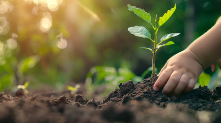 Planting young tree by kid hand on back soil as care and save wold conceptの素材