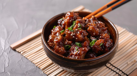 Deep-fried Pork Ribs with Minced Garlic with chopsticks served in a dish isolated on mat side view on grey backgroundの素材