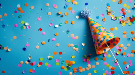 Colored confetti and party hat on blue backgroundの素材