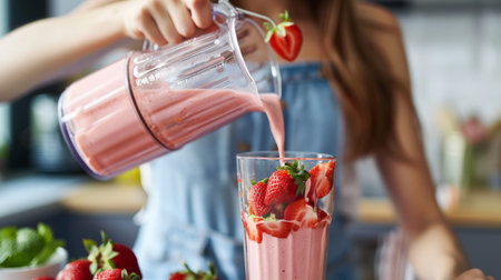 healthy eating, cooking, vegetarian food, dieting and people concept - close up of woman with blender and strawberries pouring milk shake to glass at homeの素材