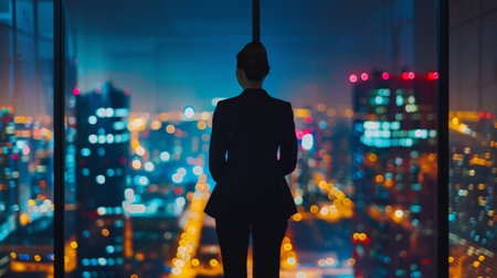 Successful Businesswoman in Stylish Suit Working on Top Floor Office Overlooking Night City.の素材