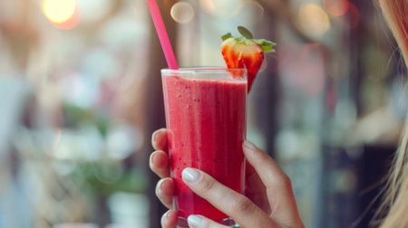 Young woman's hand with a red fruit smoothie.の素材