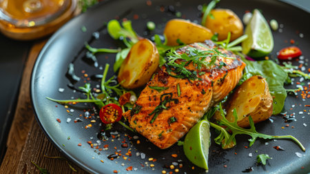 Fried salmon fillet with fried potatoes, lime and vegetable salad served on black plate on wooden tableの素材