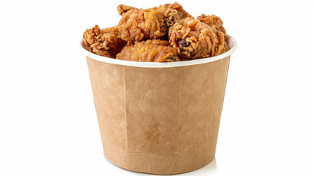 Fried chicken in paper bucket isolated on white background, Fried chicken on white With clipping path.の素材