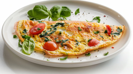 Eggs: omelet, Frittata, homemade omelet isolated on dish with White Backgroundの素材