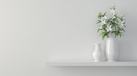 Decorative shelf on white wall with flower ina vase on itの素材