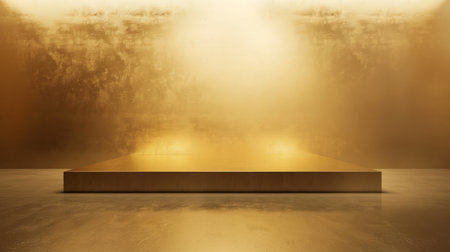 Empty gold color studio room show booth for designers with spotlight on gold gradient color background.の素材