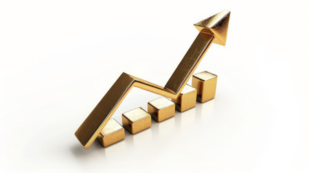 Gold up arrow success isolated on white background with growth direction graph graphic symbol or golden economy stockの素材