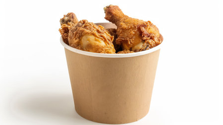 Fried chicken in paper bucket isolated on white background, Fried chicken on white With clipping path.の素材