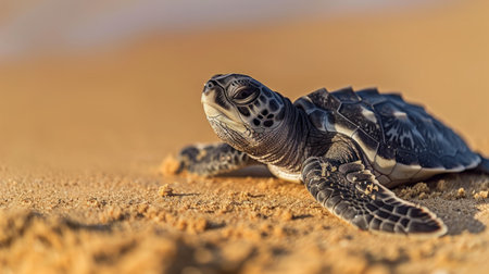 Cute newborn Sea Turtle, Caretta caretta, birth on the sand beach,の素材