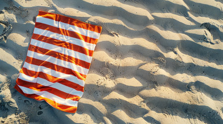 Striped beach towel on sand, aerial view. Space for textの素材