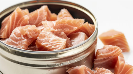 Tuna fish isolated. Canned tuna pieces. Tuna can on white background. Collection.の素材