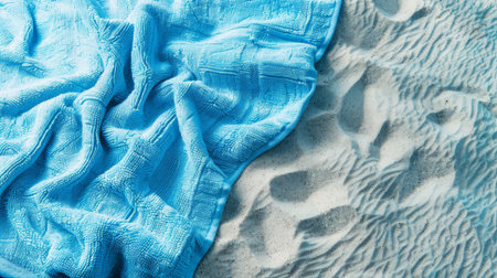 Soft blue beach towel on sand, above view. Space for textの素材