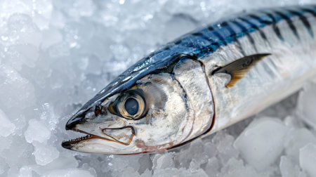Fresh mackerel fish (Scomber scrombrus) on iceの素材
