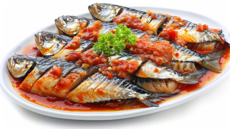 Mackerel fish in tomato sauce on plate isolated on white background.Mackerel canned.の素材