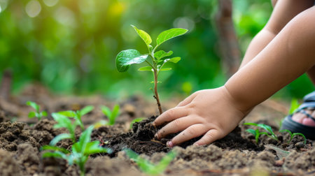 Planting young tree by kid hand on back soil as care and save wold conceptの素材