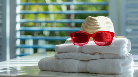 white towel on desk and red glasses with hatの素材