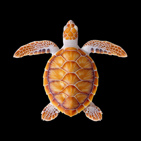 A closeup of sea turtle showcasing its beautifully textured shell, highlighting intricate patterns and vibrant colors against black background. this stunning marine creature evokes sense of wonderの素材