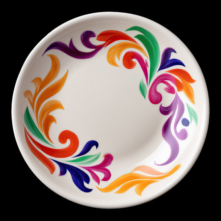 A colorful ceramic bowl with abstract painted design featuring vibrant swirls and floral patterns, perfect for adding touch of elegance to any table settingの素材