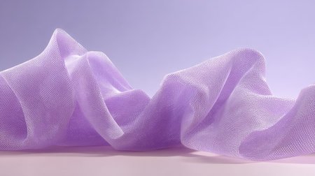 This image features a soft purple mesh fabric gracefully draped on a smooth surface, creating an elegant and airy aesthetic perfect for various design projects.の素材
