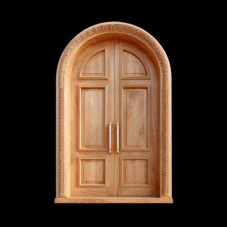 An arched top wooden door with decorative carving, showcasing intricate details and natural wood finish, perfect for enhancing any architectural designの素材