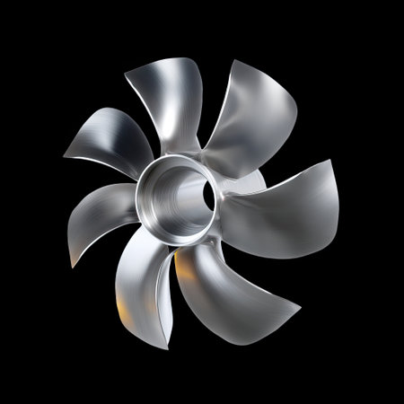 A precision turbine impeller with curved metal blades, showcasing sleek and modern design. shiny surface reflects light beautifully, emphasizing its intricate details and engineering excellenceの素材