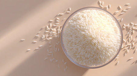 This image features a close-up of raw white rice in a glass bowl, surrounded by scattered grains. The light background enhances the natural texture and purity of the rice.の素材