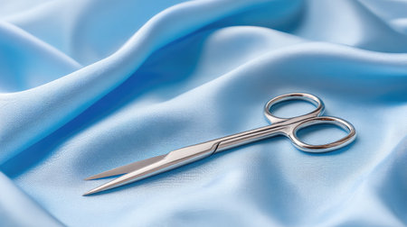 A close-up of silver scissors resting on soft blue fabric, showcasing their sharp blades and elegant design. Ideal for craft, sewing, or tailoring concepts.の素材