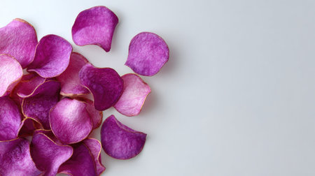 A stunning arrangement of delicate purple rose petals on a light gray background, perfect for enhancing any romantic or serene design project.の素材