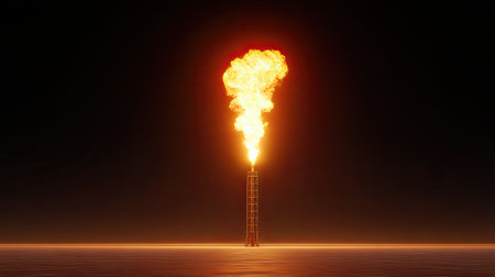 A towering flame erupts from an industrial structure against a dark sky. The dramatic fire highlights energy extraction and the impact of emissions in a nighttime scenario.の素材