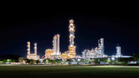 A stunning night view of a modern industrial facility, showcasing illuminated structures and towering pipes, surrounded by green landscaping and clear skies.の素材