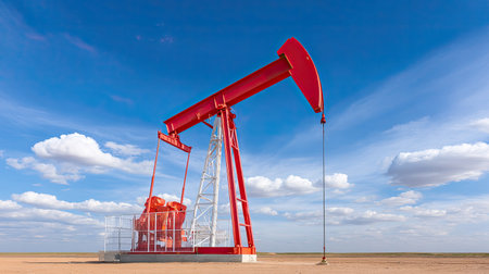 A vibrant red pump jack stands tall in an expansive oil field under a blue sky filled with fluffy clouds, showcasing modern energy extraction technology.の素材