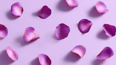 A collection of vibrant purple rose petals scattered gracefully on a soft lavender background, showcasing natural beauty and elegance. Perfect for floral themes.の素材