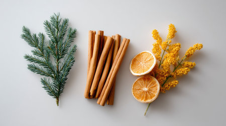 Beautiful arrangement of cinnamon sticks, dried oranges, and vibrant yellow flowers with a pine branch, perfect for seasonal decor and creating a cozy atmosphere.の素材