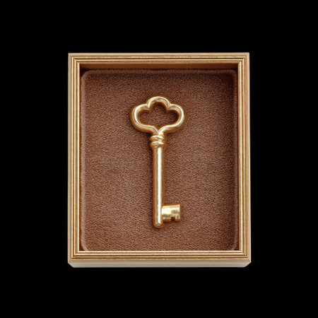 A golden key elegantly displayed in luxurious velvet lined box, symbolizing exclusivity and elegance. this exquisite piece captures essence of sophistication and charmの素材