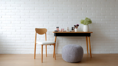 A cozy workspace featuring a stylish table, soft chair, and natural decor elements. This inviting scene is perfect for beauty and lifestyle inspiration.の素材