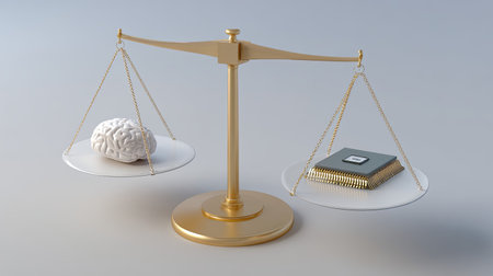 This image depicts a balance scale weighing a human brain against a computer chip, symbolizing the ongoing comparison between human intelligence and artificial technology.の素材